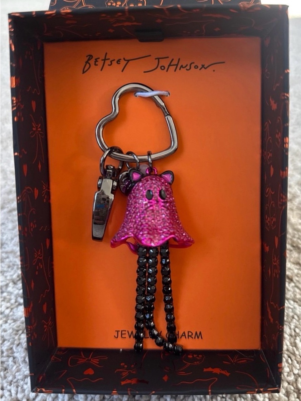 BETSEY JOHNSON Halloween Ghost Kitty Cat Metallic Pink Bag Charm & Keychain NWT